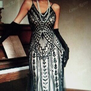 1920's Gatsby Black Mesh Flapper Gown